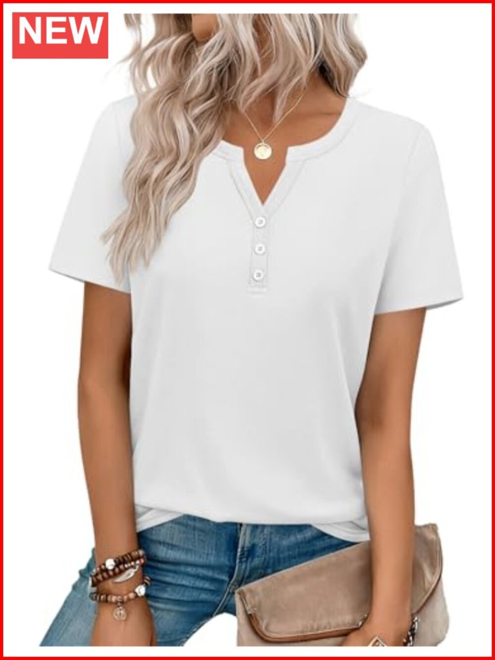 Womens V Neck Short Sleeve Blouse Henley Button Detail Dressy Casual Top